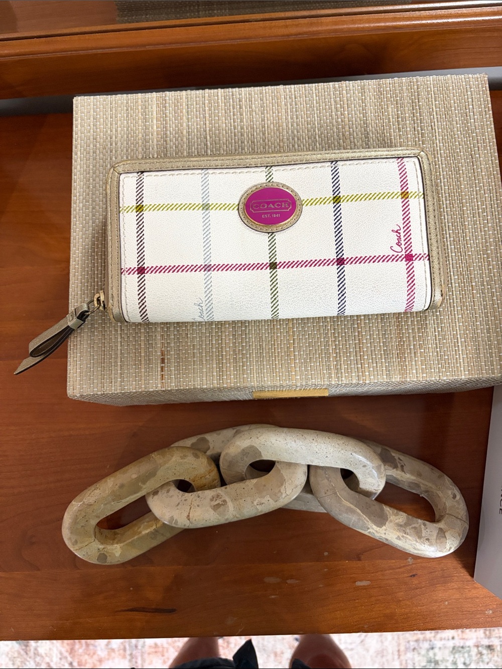 Coach White Plaid Zip Wallet with Pink, Green & Navy Stripes